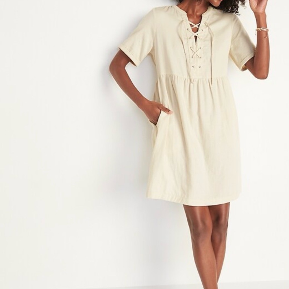 Old Navy Women’s Small Wishbone Lace Up Knee Length Twill Utility Shift Dress - Picture 2 of 8
